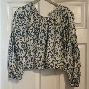 Floral Balloon-Sleeve Crop Top - Blue & Cream